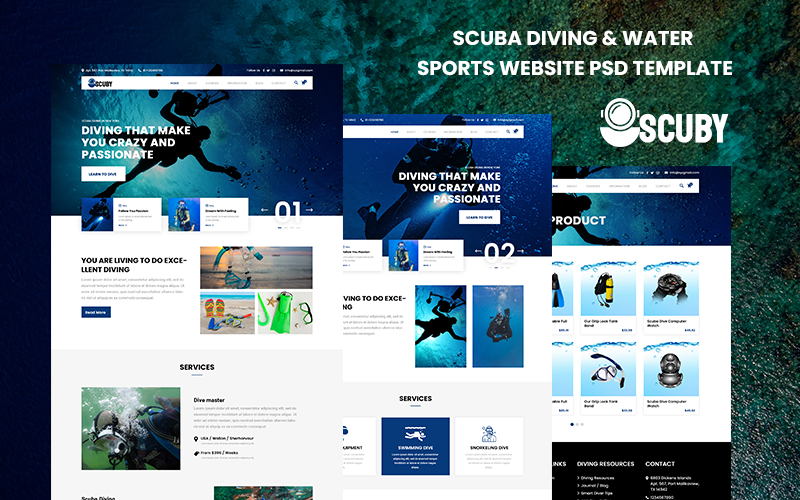 Scuby - Modello PSD del sito Web di immersioni e sport acquatici