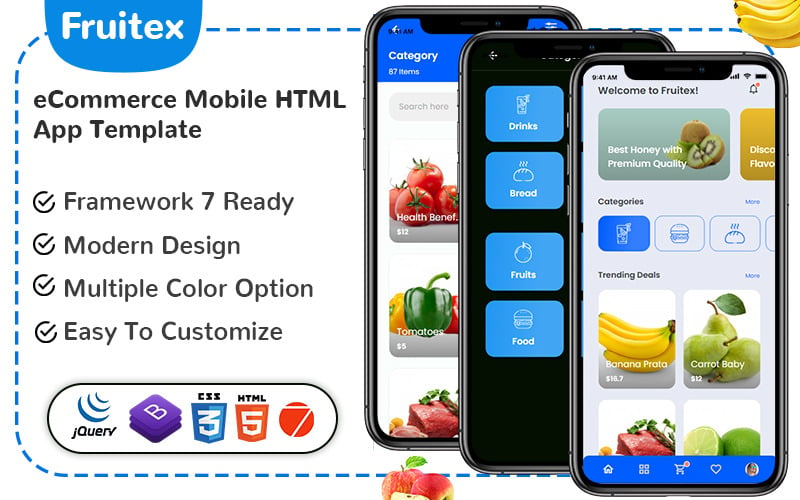 Fruitex - Plantilla de aplicación HTML móvil de comercio electrónico (Framework 7)