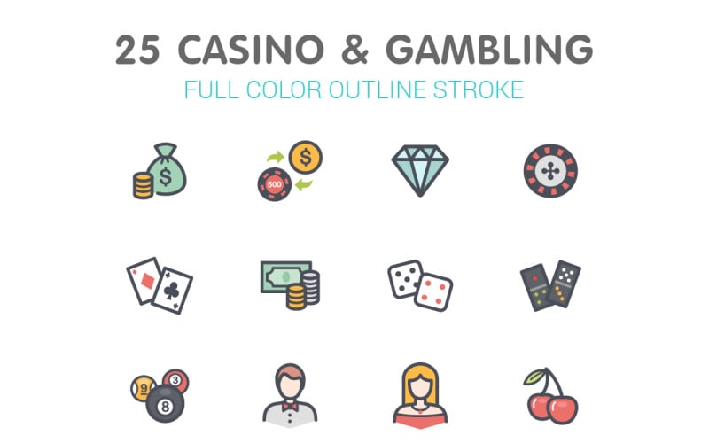 Casino & 赌博线与颜色图标集模板