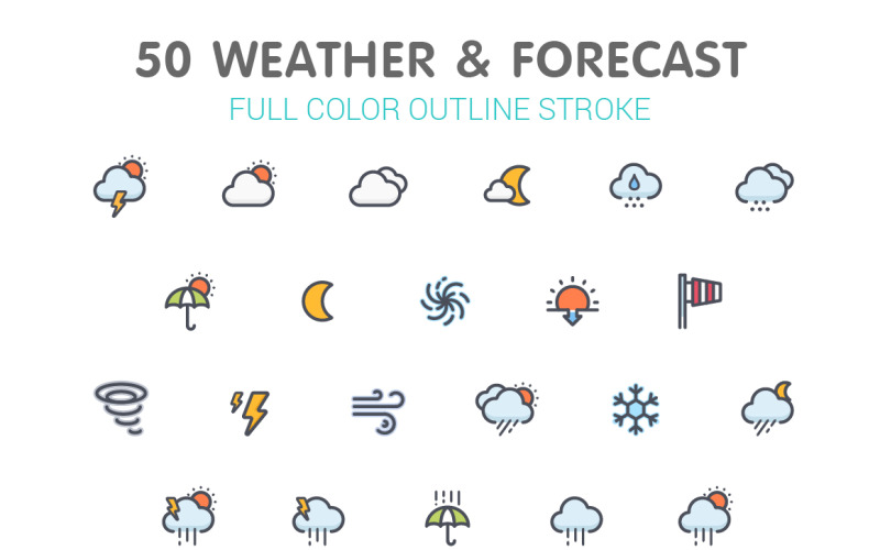 Ligne météo et prévisions avec modèle de jeu d'icônes de couleur