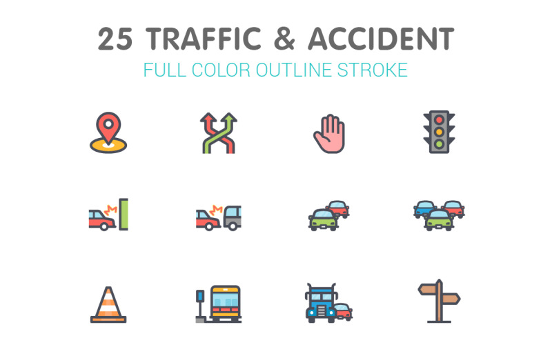 交通和事故线彩色图标集模板