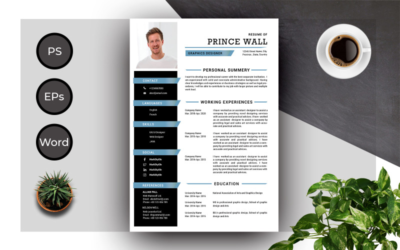 Plantilla de currículum creativo y currículum vitae completo de Prince Wall