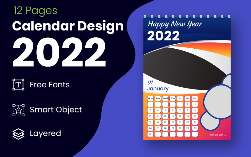 2022年日历设计模板矢量规划器红色和黑色几何风格