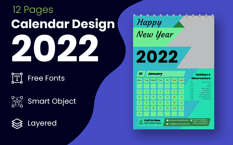 Stile geometrico Verde 2022 Calendario Design Template Vector Planner