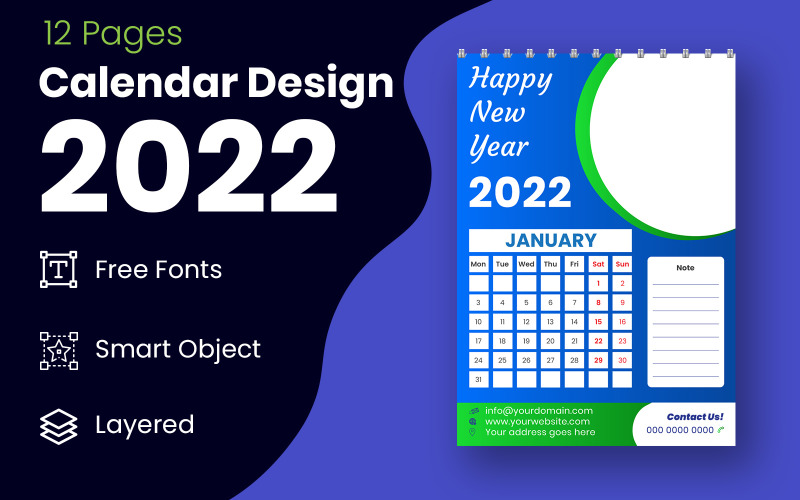 2022年新年绿色和蓝色日历设计模板矢量