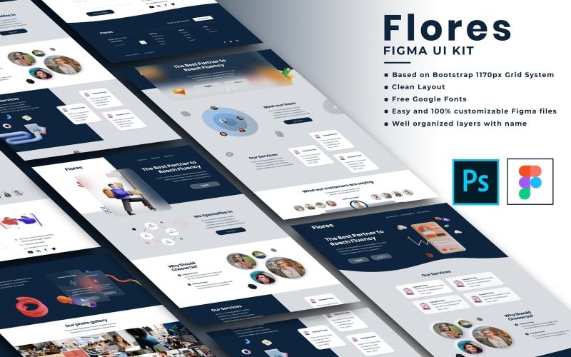 Flores - Modèle Figma de conception de sites Web d'entreprise polyvalents | KIT d'interface utilisateur