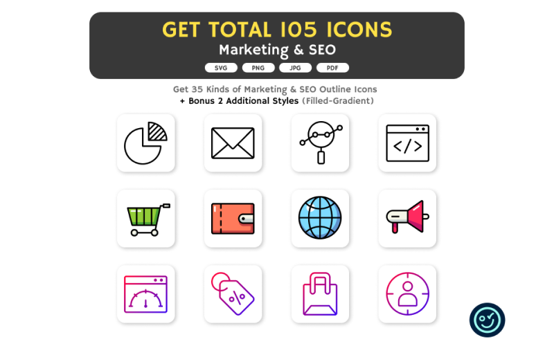 Total 105 Marketing and SEO Icons - 35 Kinds of Icon with 3 Style