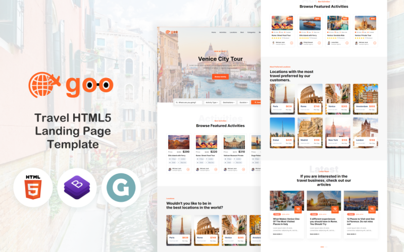 Goo Travel - HTML5-bestemmingspaginasjabloon voor reizen