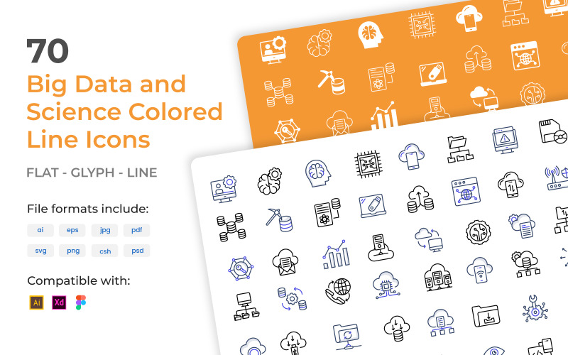 70 Big Data en Science gekleurde lijn Iconset-sjabloon