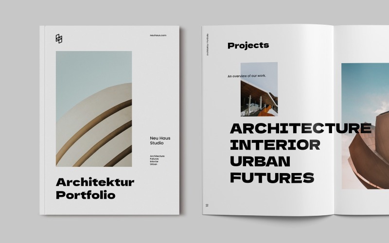 Plantillas para revistas de portafolio de folletos de arquitectura mínima