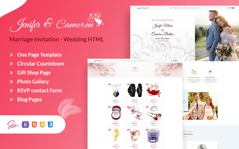 Huwelijksuitnodiging - Bruiloft Sass HTML-sjabloon voor bestemmingspagina's