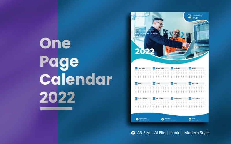 蓝色波一页日历2022计划模板