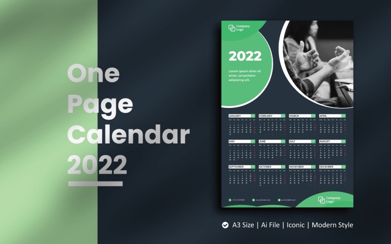 Donkergroene één pagina kalender 2022 planner sjabloon