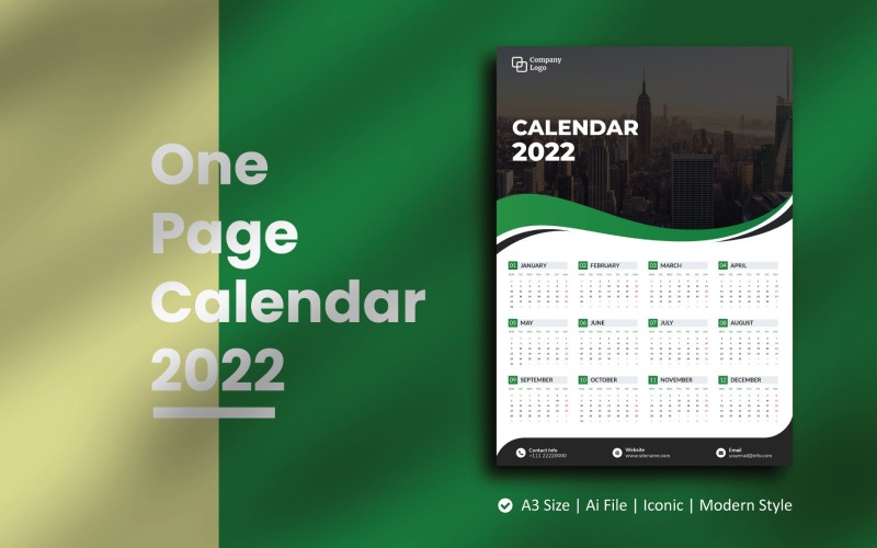 Green Wave One Page Calendar 2022 Planner Sablon