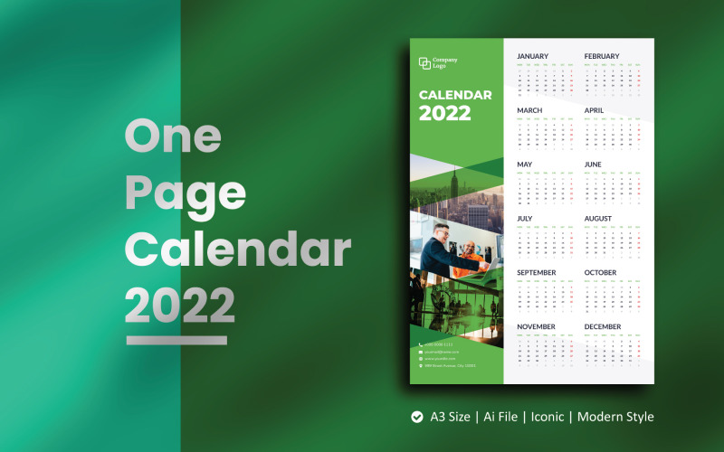 Groene één pagina wandkalender 2022 planner sjabloon