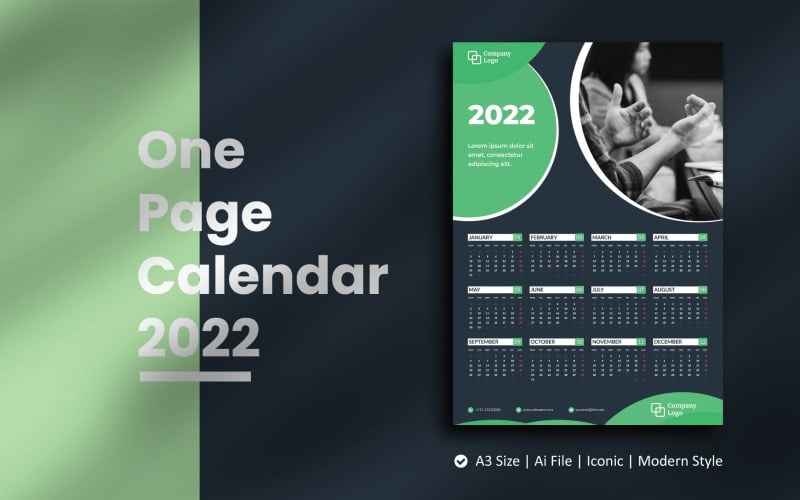 Modelo de planejador 2022 do calendário de uma página verde escuro