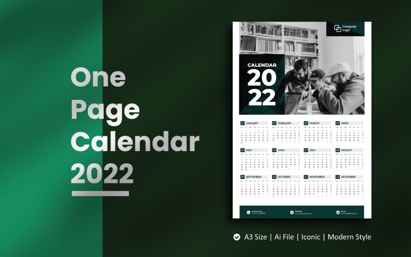 Mono Tek Sayfa Duvar Takvimi 2022 Planlayıcı Şablonu