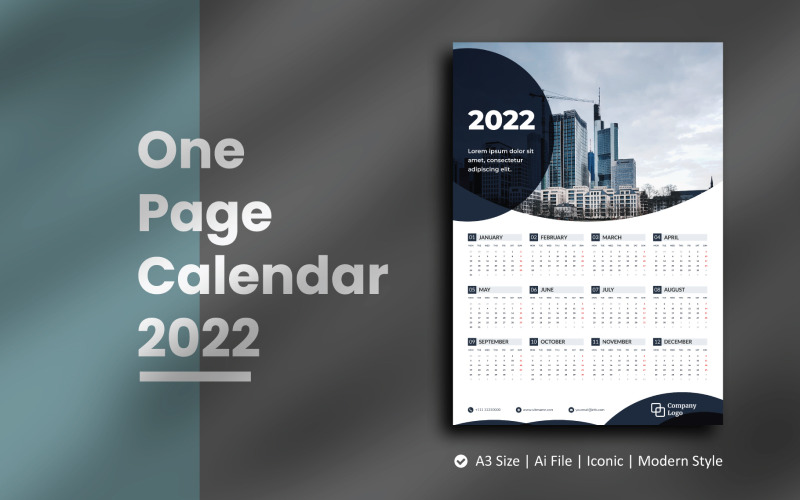 Шаблон планировщика одностраничного календаря на 2022 год с черным кругом