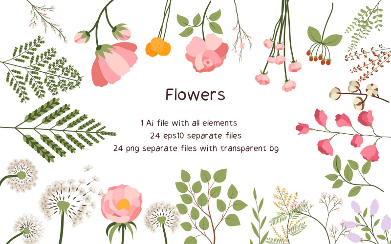 Blumen-Sammlungs-Satz von 24 EPS-PNG-Vektoren