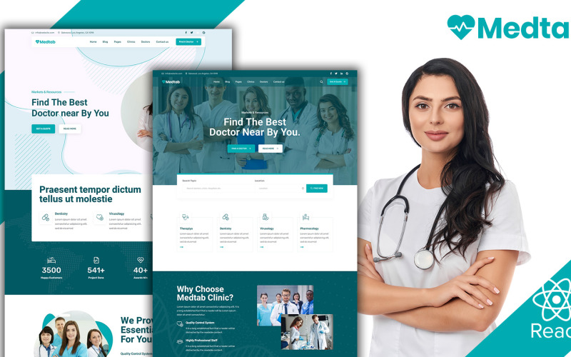 Medtab - Egészségügyi Orvosi Klinika React JS Weboldal sablon