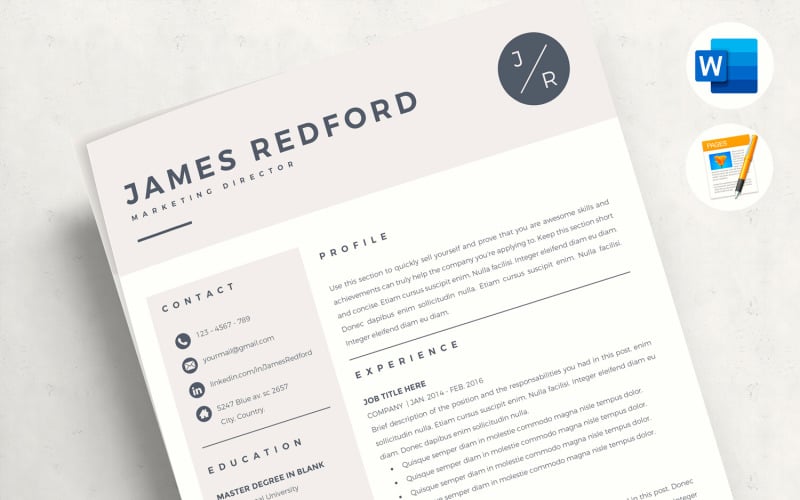 詹姆斯-营销专业简历模板简历与标志的MS Word和页面