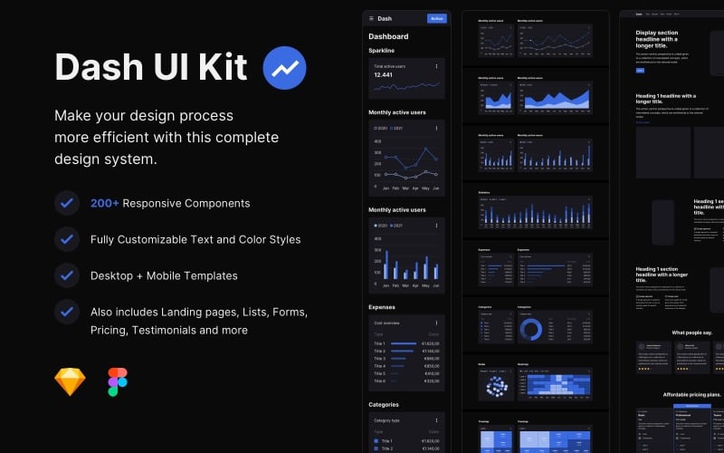 Dash UI工具包黑暗-设计语言系统草图模板