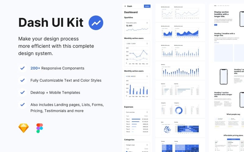 Dash UI Kit Light – Design Language System – šablona náčrtu, prvky uživatelského rozhraní, grafika,