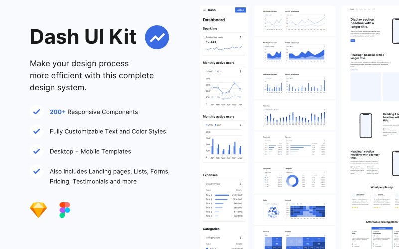 Dash UI Kit Light -设计语言系统-草图模板, 用户界面元件, 图表,