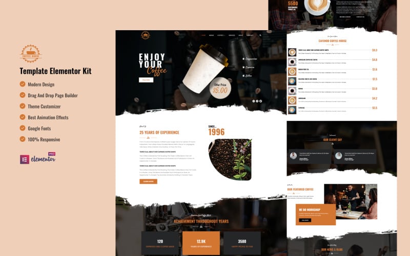 Coffee House - Kit Elementor pronto all'uso per bar e caffetteria
