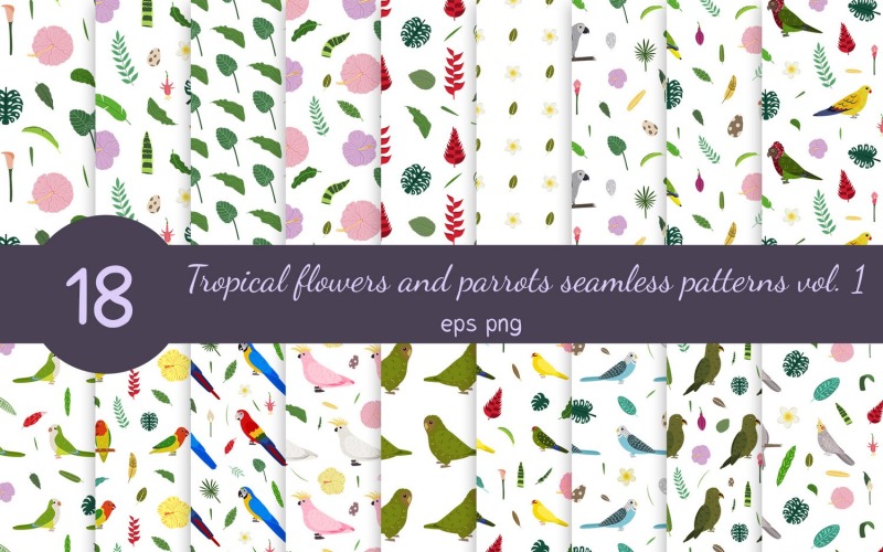 Colección de patrones sin fisuras con loros y flores tropicales Vol.1