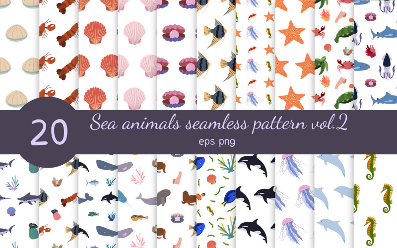 海洋动物无缝模式收藏卷。 2