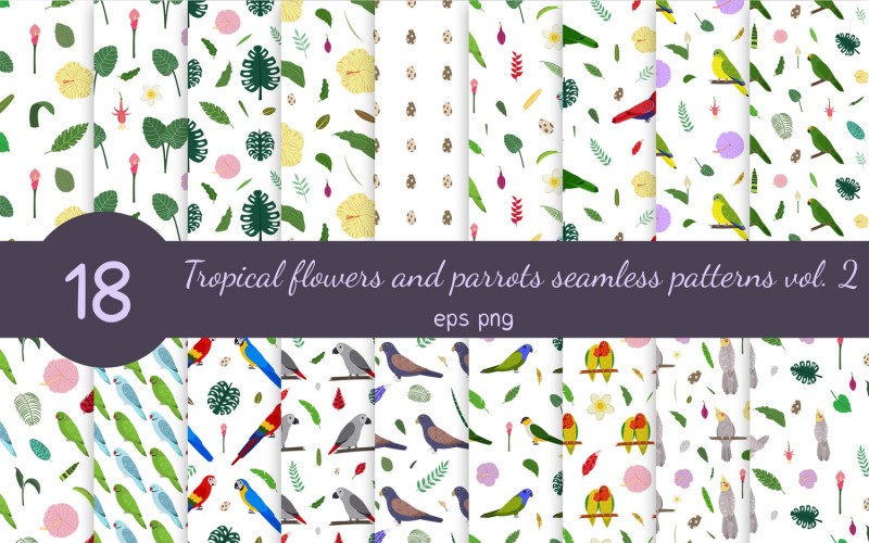 Papagájok és trópusi virágok Seamless Pattern Collection Vol. 2