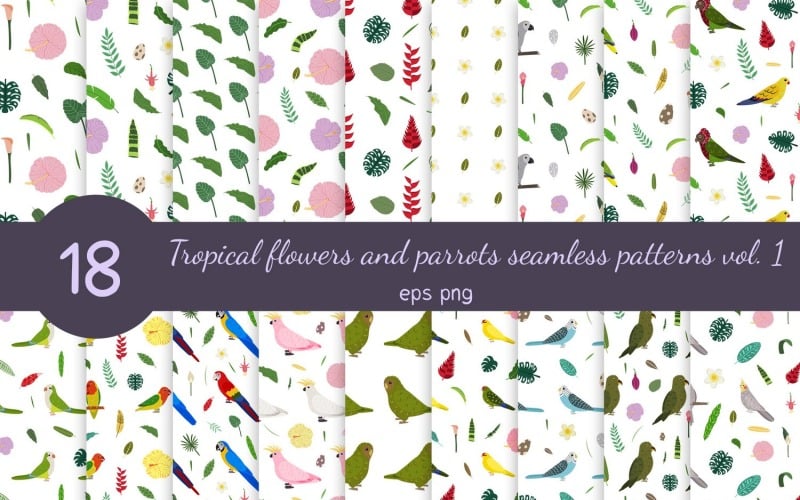 Papegojor och tropiska blommor Sömlös mönstersamling Vol.1