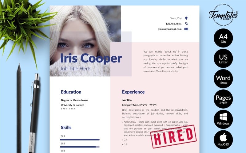 Iris Cooper - Modern CV CV-sjabloon met sollicitatiebrief voor Microsoft Word- en iWork-pagina's