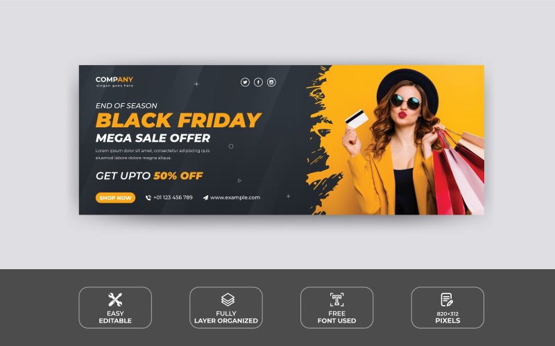 Capa do 脸书 e modelo de design de banner da Web na Black Friday Fashion 销售 Promocional
