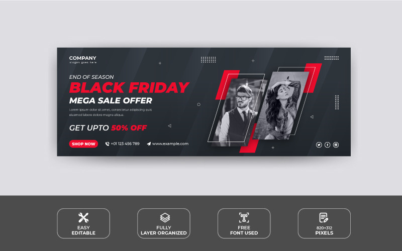 Plantilla de diseño de portada de Facebook promocional de mega venta especial de Black Friday