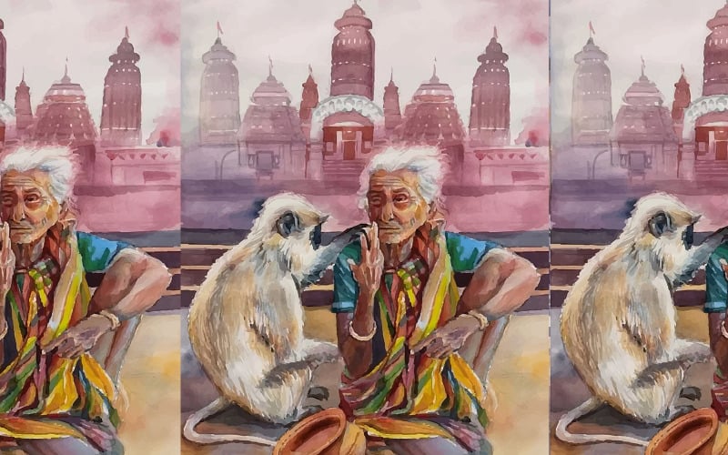 水彩画猴子与Oldwoman漂亮的手绘插图