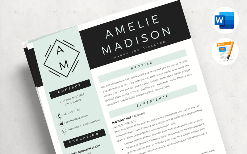 AMELIE -营销简历模板Word & 页面. 带Logo的简历，求职信 & 参考文献