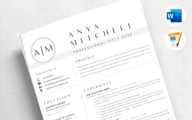 ANYA - 3 Pages of Professional 重新开始 简历设计 with Cover Letter format and References page