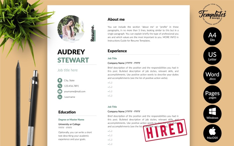 Audrey Stewart - Modern CV 重新开始 Template with Cover Letter for 微软文字处理软件 & iWork页面