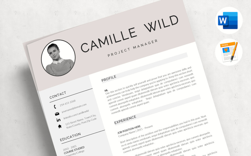 CAMILLE - Professional CV Template for Project Manager. Instant 下载 重新开始 with Photo