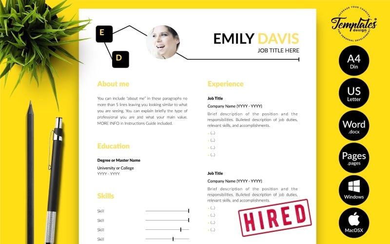 Emily Davis - Creative CV 重新开始 Template with Cover Letter for 微软文字处理软件 & iWork页面