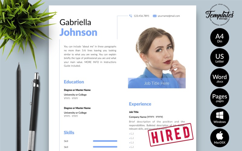 Gabriella Johnson - Modello di CV creativo con lettera di presentazione per Microsoft Word e pagine iWork