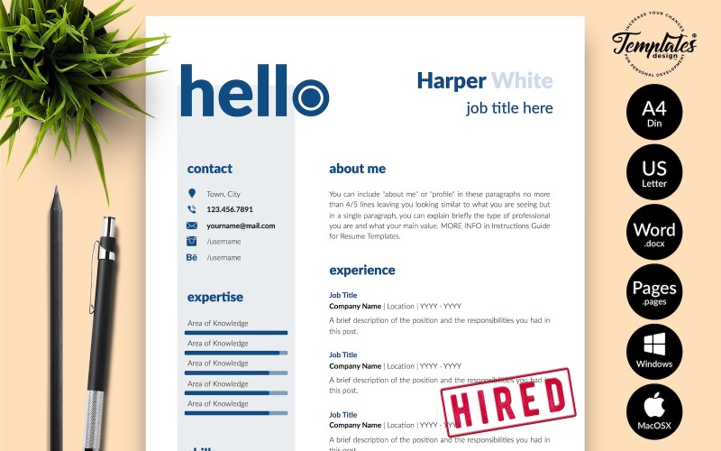 哈珀•怀特(Harper White)——创意简历的模板，包括微软Word的求职信和iWork页面