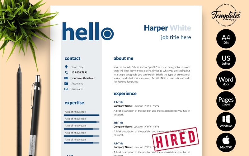 Harper White - modelo de currículo criativo com carta de apresentação para páginas do Microsoft Word e iWork