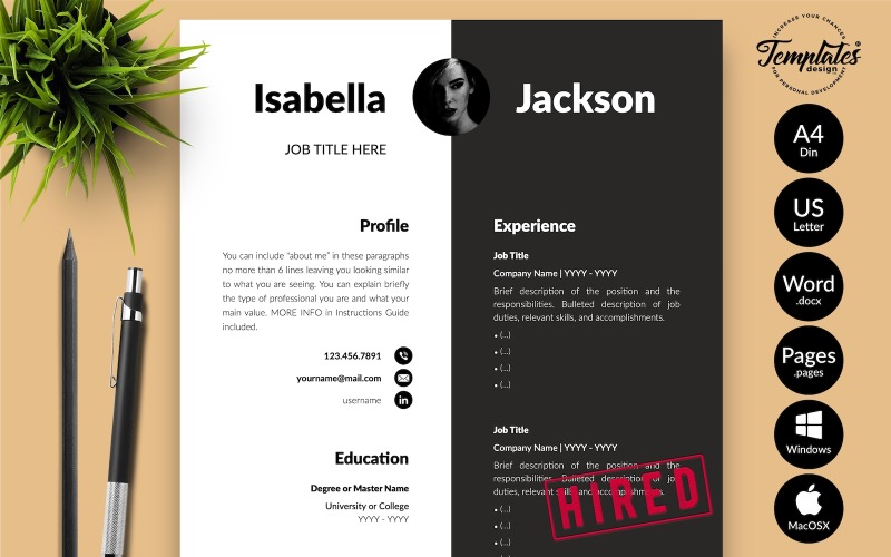 Isabella Jackson – Modern önéletrajz-sablon motivációs levéllel Microsoft Word és iWork oldalakhoz