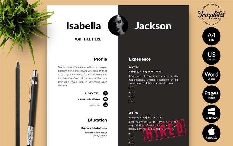 Isabella Jackson - Moderne CV-sjabloon met sollicitatiebrief voor Microsoft Word- en iWork-pagina's