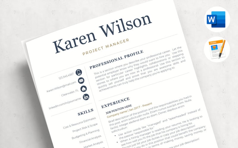 凯伦-项目经理的专业简历. 有求职信、推荐信和职业建议的简历