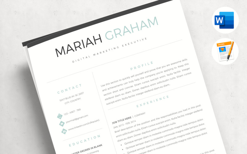 MARIAH - Modello di curriculum professionale e lettera di presentazione con pagina di riferimento. Marketing CV moderno