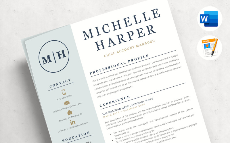 MICHELLE - Modelo de currículo profissional com logotipo e formato de capa moderno, página de referências e dicas